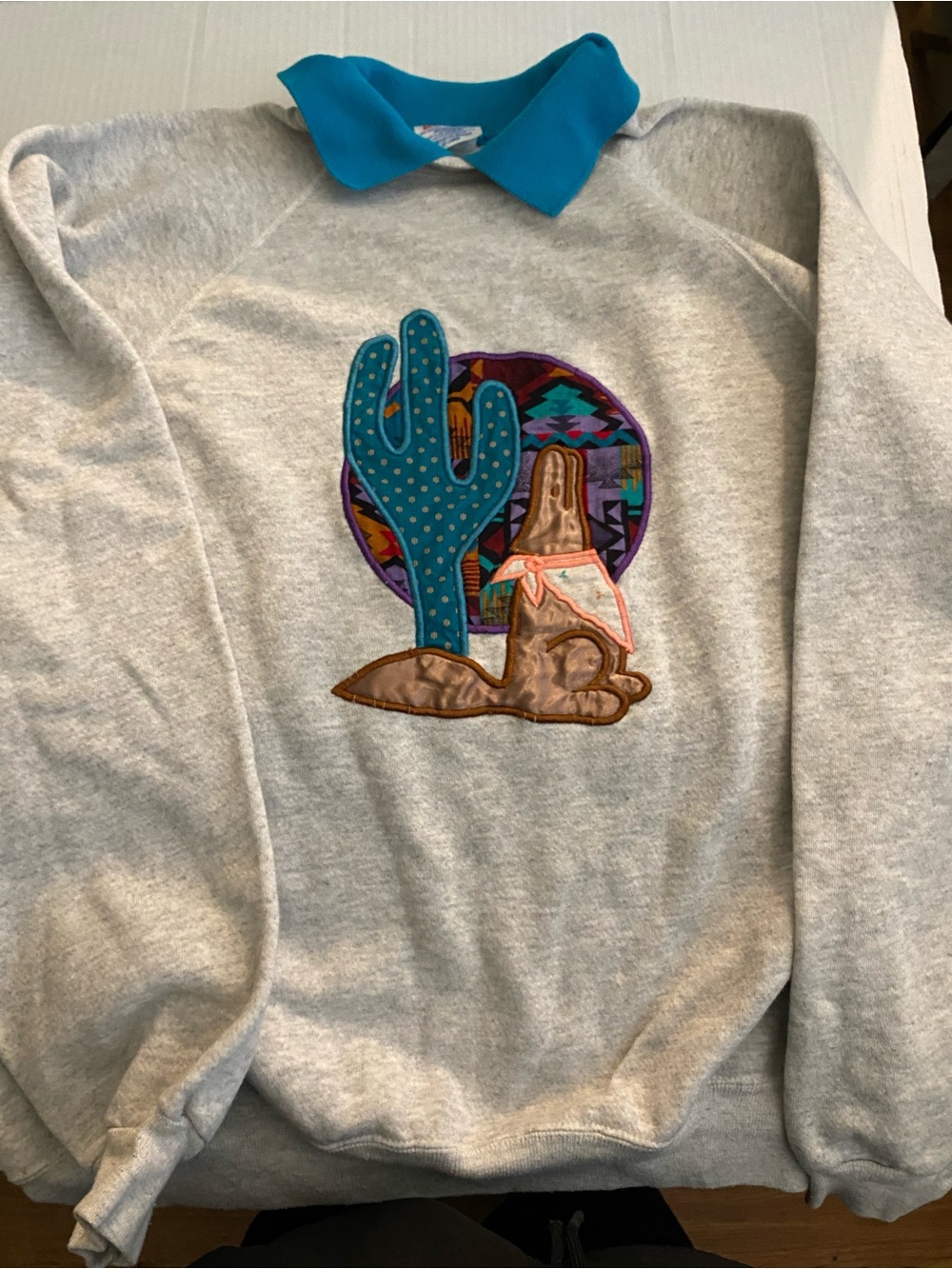 Vintage 80s Grey Sweatshirt with Teal Collar & Desert Applique